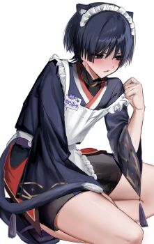 1boy alternate_costume animal_ears apron black_eyes black_hair black_kimono black_sandals black_shorts black_socks blush cat_boy cat_ears cat_tail clenched_hand crossdressing crossdressing_(mtf) embarrassed empty_eyes enmaided frilled_apron frills full_body genshin_impact gold gold_trim hand_up highres japanese_clothes jewelry juban kimono long_sleeves looking_to_the_side maid maid_apron male_focus male_maid mandarin_collar neck_ring open_mouth purple_sash red_kimono sandals sash scaramouche_(cat)_(genshin_impact) scaramouche_(genshin_impact) shorts single_off_shoulder socks solo squatting tabi tail tassel wa_maid white_apron white_background white_kimono wide_sleeves wispy_bangs yu_(geda4335) zouri