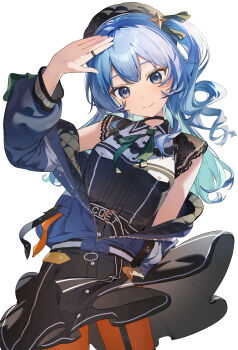 Rule 34 | 1girl, absurdres, belt, beret, black hat, blue eyes, blue hair, blush, buttons, chinese commentary, choker, commentary request, dress, green ribbon, hair between eyes, hair ornament, hat, highres, hololive, hoshimachi suisei, hoshimachi suisei (casual), jacket, jewelry, lace, lace sleeves, lace trim, long hair, long sleeves, looking at viewer, neck ribbon, oeuia, official alternate costume, official alternate hairstyle, orange pantyhose, pantyhose, quilted jacket, ribbon, ring, side ponytail, smile, solo, standing, star (symbol), star in eye, symbol in eye, virtual youtuber, white background