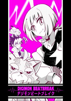 digimon digimon_(creature) digimon_beatbreak fang gekkomon hey2choo jacket looking_at_viewer pristimon sakuya_reina short_hair smile star_(symbol) tenma_tomoro