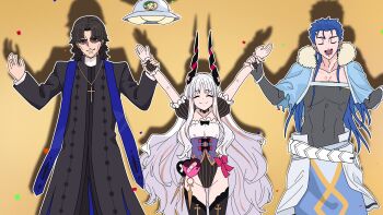 Rule 34 | 1girl, 2boys, absurdres, black robe, blue hair, caren hortensia, caren hortensia (amor caren) (third ascension), cassock, clerical collar, closed eyes, corset, cross, cross necklace, cu chulainn (caster) (fate), cu chulainn (fate), earrings, fate/grand order, fate/strange fake, fate (series), fur-trimmed hood, fur trim, gloves, grigori rasputin (fate), highleg, highleg leotard, highres, holding, holding another's wrists, holding hands, hood, jewelry, kotomine kirei, leotard, long hair, multiple boys, nasu kinoko, necklace, niwaikanai, priest, puffy short sleeves, puffy sleeves, robe, short sleeves, shroud of magdalene, spiral horn, thighhighs, ufo, very long hair, wavy hair, white hair