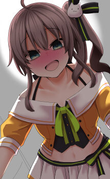 Rule 34 | 1girl, :d, absurdres, ahoge, aqua eyes, bare shoulders, black ribbon, blush, breasts, brown hair, cat hair ornament, cleavage, collarbone, commentary request, cowboy shot, crop top, from below, green ribbon, hair ornament, hair ribbon, highres, hololive, jacket, long hair, midriff, miniskirt, natsuiro matsuri, natsuiro matsuri (1st costume), natsume mina, navel, neck ribbon, nose blush, off-shoulder jacket, off shoulder, open clothes, open jacket, open mouth, orange jacket, pleated skirt, ribbon, side ponytail, skirt, small breasts, smile, solo, virtual youtuber, white skirt, yandere