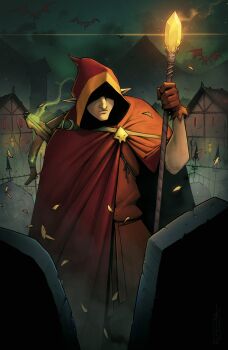 1boy absurdres brown_gloves building cloak devilhs elf fantasy gloves highres holding holding_staff hood hooded_cloak mage_staff night original outdoors pointy_ears red_cloak solo staff