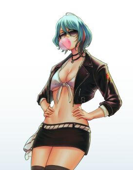 absurdres ahoge asymmetrical_hair black_jacket black_skirt chewing_gum commission cowboy_shot dead_or_alive dead_or_alive_6 dead_or_alive_xtreme dead_or_alive_xtreme_venus_vacation green_eyes green_hair highres jacket ktovhinao mole mole_under_eye multicolored_hair red_streaks skirt streaked_hair sunglasses tamaki_(doa) white_background