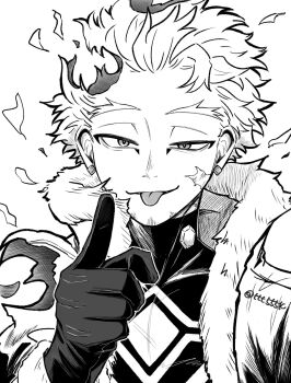 1boy :p arm_up boku_no_hero_academia commentary_request facial_scar forked_eyebrows fur-trimmed_jacket fur_trim gloves greyscale hawks_(boku_no_hero_academia) highres index_finger_raised jacket looking_at_viewer male_focus monochrome open_clothes open_jacket portrait scar scar_on_cheek scar_on_face shirt simple_background solo tongue tongue_out ttt555k uneven_eyes upper_body white_background