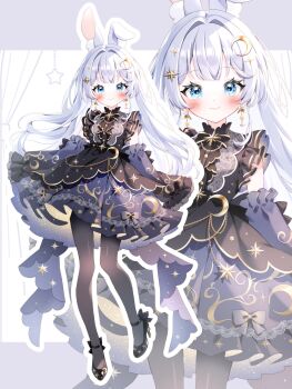 1girl animal_ears black_dress black_pantyhose black_shoes blue_eyes blush bow check_copyright closed_mouth commentary_request copyright_request detached_sleeves dress earrings high_heels highres indie_virtual_youtuber jewelry kise_inaka layered_dress long_hair long_sleeves looking_at_viewer pantyhose purple_bow purple_dress purple_sleeves rabbit_ears shoes sleeveless sleeveless_dress smile very_long_hair white_hair zoom_layer