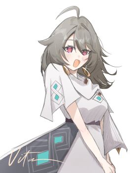 1girl blush breasts character_name commentary_request dress earrings eria0909 grey_hair hair_between_eyes highres honkai_(series) honkai_impact_3rd jewelry korean_commentary long_hair looking_at_viewer orange_pupils red_eyes simple_background smile solo vita_(honkai_impact) white_background