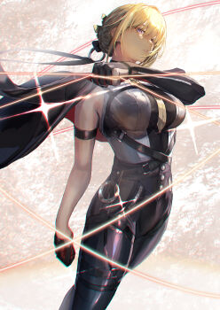 1girl absurdres arm_strap black_bow blonde_hair bow braid braided_bun breasts collared_shirt evelyn_chevalier eyebrows_hidden_by_hair eyes_visible_through_hair fingerless_gloves gloves hair_bow hair_bun high-waist_pants highres jacket jacket_on_shoulders large_breasts latex_pants looking_at_viewer mole mole_under_eye necktie pants purple_eyes qdx4p shirt sleeveless sleeveless_shirt solo standing string teeth thighs tight_clothes tight_pants yellow_necktie zenless_zone_zero