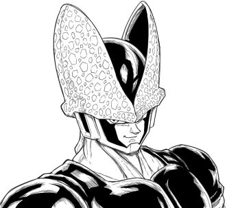 1boy cell_(dragon_ball) dragon_ball dragonball_z greyscale looking_at_viewer male_focus monochrome simple_background smirk solo taaa upper_body white_background