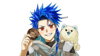 1boy animal animal_on_shoulder artist_name baby_animal blue_hair blue_tongue bluesky_username colored_inner_animal_ears colored_tongue commentary_request cu_chulainn_(fate) dog dog_on_shoulder donut earrings fate/grand_order fate_(series) food forehead grin hand_up highres holding holding_donut holding_food jewelry light_blush male_focus pet portrait puppy red_eyes setanta's_puppy_(fate) setanta_(fate) simple_background smile solo spiked_hair teeth tomato_20254649 tongue tongue_out turtleneck undershirt v-shaped_eyebrows white_background white_dog
