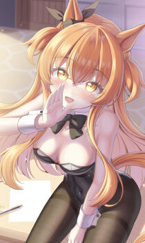 1girl :d absurdres animal_ears black_bow black_leotard black_thighhighs blush bow bowtie breasts collarbone color_pro commentary_request covered_navel covering_own_mouth cowboy_shot detached_collar door ear_ribbon floor hand_over_own_mouth highres horse_ears horse_girl horse_tail indoors large_breasts leotard long_hair looking_at_viewer mayano_top_gun_(umamusume) open_mouth orange_eyes orange_hair orange_tail pantyhose paper partial_commentary pen playboy_bunny sitting smile solo sparkle strapless strapless_leotard sunlight table tail thighhighs two_side_up umamusume white_wrist_cuffs wooden_door wooden_table wrist_cuffs