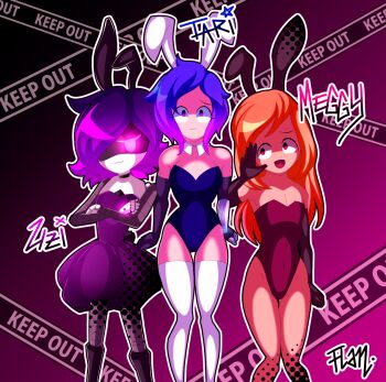 3girls animal_ears blue_hair dress elbow_gloves flat_chest glitch_productions gloves highres long_hair mecha_girl meggy_spletzer meta_runner multiple_girls murder_drones orange_hair playboy_bunny purple_eyes purple_hair robot short_hair smg4 sunset_paradise tari_(meta_runner) tari_(smg4) thighhighs uzi_(murder_drones)