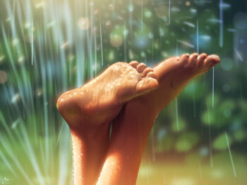 1girl a.x. absurdres artist_name barefoot blurry bokeh commentary_request dated depth_of_field feet foot_focus highres nail_polish original red_nails solo toenail_polish toenails wet