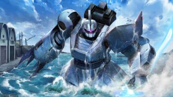 absurdres arm_cannon artist_request building claws cloud cloudy_sky copyright_logo gelgoog gelgoog_hmt_gald_kureiz_use gundam gundam_battle_operation_2 gundam_blazing_shadow harbor highres lens_flare logo machinery mecha mecha_focus mobile_suit no_humans ocean official_art one-eyed promotional_art realistic robot roundel science_fiction sky sunrise_(company) upper_body water weapon wet zeon