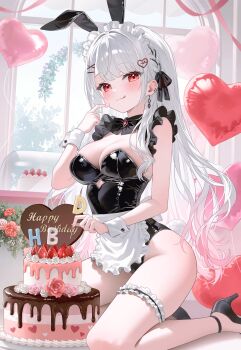 1girl :q animal_ears apron balloon bare_shoulders black_leotard black_shoes braid breasts cake cleavage closed_mouth clothing_cutout cutout_above_navel detached_collar fake_animal_ears food frilled_thigh_strap frills fymrie gradient_hair hair_ribbon hanamiya_rica hand_up happy_birthday heart_balloon high_heels highleg highleg_leotard highres indie_virtual_youtuber kneeling leotard long_hair looking_at_viewer maid_apron maid_headdress medium_breasts mole mole_under_eye multicolored_hair rabbit_ears red_eyes ribbon shoes smile solo strapless strapless_leotard thigh_strap thighs tongue tongue_out very_long_hair virtual_youtuber waist_apron white_hair wrist_cuffs