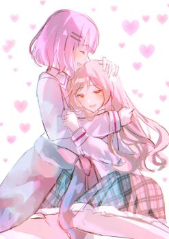 2girls amaori_renako blue_skirt brown_eyes brown_hair closed_eyes clothes_around_waist commentary_request hand_on_another&#039;s_head heart highres hug kneeling long_hair medium_hair multiple_girls open_mouth pink_hair plaid_clothes plaid_skirt rikako0229 sena_ajisai shirt skirt smile sweater sweater_around_waist watashi_ga_koibito_ni_nareru_wake_naijan_murimuri! white_background white_shirt yuri