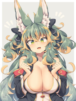 1girl animal_ear_fluff animal_ears black_sleeves breasts cleavage collarbone commentary_request detached_sleeves green_eyes green_hair grey_background hair_between_eyes kuromiya kuromiya_raika_(kuromiya) large_breasts long_hair long_sleeves looking_at_viewer multicolored_hair orange_hair original solo two-tone_hair upper_body