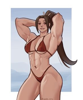 1girl abs absurdres alternate_form arms_behind_head arms_up artist_name bare_legs bikini bodybuilder breasts brown_eyes brown_hair cleavage commentary contrapposto facing_to_the_side fatal_fury female_focus high_ponytail highres large_pectorals long_hair looking_at_viewer matching_hair/eyes muscular muscular_female narrow_waist navel parted_bangs pectorals ponytail red_bikini shiranui_mai sideboob simple_background smile snk solo standing stomach swimsuit the_king_of_fighters twitter_username underboob upper_body valda_arts