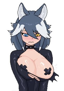 Rule 34 | 1girl, animal ear fluff, animal ears, black bodysuit, blue eyes, blush, bodysuit, breasts, breasts squeezed together, cleavage, closed mouth, collar, collarbone, colored tips, cross, cross pasties, dot nose, expressionless, flying sweatdrops, grey hair, grey wolf (kemono friends), hair between eyes, hair over one eye, heterochromia, kemono friends, large breasts, latex, latex bodysuit, long hair, looking down, messy hair, multicolored hair, nevtelen, nose blush, one breast out, pasties, pixel art, shiny skin, simple background, solo, spiked collar, spikes, sweat, sweatdrop, torn bodysuit, torn clothes, twitter username, two-tone hair, upper body, wardrobe malfunction, watermark, white background, white hair, wolf ears, wolf girl, yellow eyes