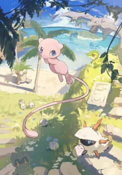 aerodactyl blue_eyes brown_eyes bug claws dedenne egg exeggcute exeggutor fangs fins floating flying gen_1_pokemon gen_5_pokemon gen_6_pokemon gen_7_pokemon grass green_eyes gyarados head_fins highres holding holding_pokemon horns island larvesta legendary_pokemon looking_at_viewer marshadow mew_(pokemon) moufuillust mythical_pokemon nintendo no_humans on_grass open_mouth outdoors palm_tree plant pokemon pokemon_(creature) pokemon_focus pokemon_tcg pokemon_tcg_pocket red_eyes snivy stairs stone_stairs swimming tail tree vaporeon water white_fur wings