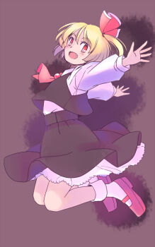 1girl :d ascot black_skirt black_vest blonde_hair brown_background commentary_request fang from_side full_body hair_ribbon knees light_blush looking_to_the_side mary_janes one-hour_drawing_challenge open_mouth outstretched_arms petticoat rangycrow red_ascot red_eyes red_ribbon red_shoes ribbon rumia shirt shoes short_hair side_ponytail sideways_glance skirt smile socks solo t-pose touhou vest white_shirt white_socks