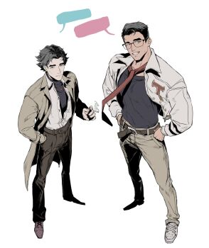 2boys arcane:_league_of_legends arcane_jayce arm_up belt bespectacled black_belt black_hair black_pants black_shirt blank_speech_bubble brown_eyes cigarette closed_mouth coat collared_jacket colored_speech_bubble commentary crew_neck cs919 full_body glasses grey_pants grin hand_in_pocket hands_on_own_hips hashtag-only_commentary highres holding holding_cigarette jacket jayce_(league_of_legends) jewelry lapels league_of_legends letterman_jacket long_sleeves looking_at_viewer male_focus multiple_boys necklace necktie notched_lapels pants parted_hair red_necktie shirt shirt_tucked_in shoelaces shoes short_hair simple_background smile smoke sneakers speech_bubble standing symbol-only_commentary teeth turtleneck unbuttoned viktor_(arcane) viktor_(league_of_legends) white_background white_jacket white_shirt white_shoes