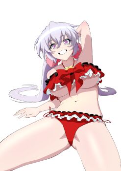 1girl absurdres arm_behind_head bikini breasts chikarya_mk_1 commentary dolphin_wave frilled_bikini frills grey_hair highres large_breasts long_hair navel official_alternate_costume open_mouth purple_eyes red_bikini senki_zesshou_symphogear smile solo stomach swimsuit teeth thighs underboob yukine_chris