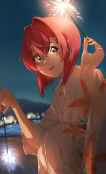 1girl absurdres adapted_costume ange_katrina ange_katrina_(new_year) blue_eyes blurry blurry_background crossed_bangs double-parted_bangs eye_reflection feet_out_of_frame fireworks floral_print floral_print_kimono gradient_eyes hair_between_eyes hair_intakes hands_up hashtag-only_commentary highres holding holding_fireworks japanese_clothes kimono looking_at_object looking_down medium_hair multicolored_eyes nail_polish night nijisanji orange_nails outdoors pink_eyes print_kimono red_hair reflection senkou_hanabi sky solo sparkler squatting star_(sky) starry_sky three-quarter_sleeves virtual_youtuber white_kimono yamaotoko yukata