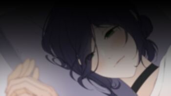 1boy 1girl black_choker blue_hair blurry blurry_foreground blush chainsaw_man choker closed_mouth denji_(chainsaw_man) grabbing_another&#039;s_hand green_eyes highres lying on_bed on_side reze_(chainsaw_man) ryu_miryu solo_focus