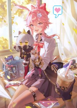 1girl 1other animal_ears bag black_choker black_gloves black_skirt blue_eyes blush bow bowtie bubble_tea character_doll choker collared_shirt commentary cup curtains desk disposable_cup doll drinking_straw evanescia_(honkai:_star_rail) flower fox_ears gloves hair_between_eyes hair_bow hair_flower hair_ornament heart highres holding honkai:_star_rail honkai_(series) indoors jacket leaf long_hair long_sleeves looking_at_viewer on_desk open_mouth phone pink_hair pleated_skirt ponytail pov pov_hands purple_eyes red_bow red_bowtie shirt sitting skirt smile solo_focus spoken_heart stelle_(honkai:_star_rail) teeth thigh_strap trailblazer_(honkai:_star_rail) white_gloves white_shirt window xiisalt