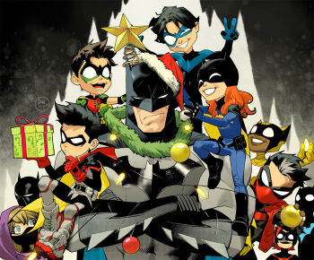 ? barbara_gordon batgirl batman batman_(series) batwoman black_cape black_hair blonde_hair blue_bodysuit blue_eyes bodysuit box cape cassandra_cain christmas christmas_lights christmas_ornaments christmas_tree comic_cover commentary cowl damian_wayne dan_mora dark-skinned_male dark_skin dc_comics dick_grayson english_commentary facing_viewer gift gift_box gloves highres jason_todd male_focus mask multiple_boys multiple_girls muscular muscular_male nightwing red_hair red_hood_(dc) robin_(dc) short_hair smile stephanie_brown superhero teeth the_signal_(dc) tim_drake western_comics_(style)