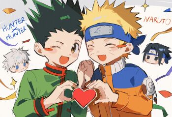 2boys black_eyes black_hair blonde_hair blue_eyes blush blush_stickers brown_eyes chibi closed_eyes commentary confetti copyright_name curtained_hair dot_nose facial_mark fang forehead_protector gon_freecss green_hair green_jacket head_only heart heart_hands heart_hands_duo highres holding_hands hunter_x_hunter interlocked_fingers jacket killua_zoldyck konohagakure_symbol looking_at_viewer male_focus multicolored_hair multiple_boys naruto_(series) one_eye_closed open_mouth sevenlistening short_hair single_blush_sticker sparkle spiked_hair streamers symbol-only_commentary two-tone_hair uchiha_sasuke upper_body uzumaki_naruto whisker_markings white_hair zipper zipper_pull_tab