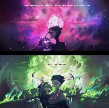 1boy 1girl absurdres beak beanie bird_boy bird_girl demon_boy demon_girl extra_eyes father_and_daughter fire grey_hair hat hellaverse helluva_boss highres looking_at_another octavia_(helluva_boss) owl_boy owl_girl red_eyes stolas_(helluva_boss) wraith615