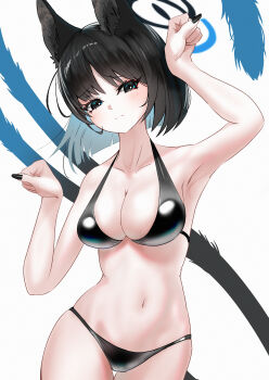 1girl absurdres alternate_costume animal_ear_fluff animal_ears arm_up armpits bikini black_bikini black_eyes black_hair black_nails blue_archive blue_halo blush bob_cut breasts bright_pupils cat_ears cat_girl cat_tail cleavage closed_mouth collarbone commentary cowboy_shot eyelashes eyeshadow film_grain frown furrowed_brow halo halterneck hand_up highres kikyou_(blue_archive) large_breasts looking_at_viewer makeup manami_zoo multiple_tails nail_polish navel paw_pose red_eyeshadow short_hair shy simple_background solo stomach swimsuit tail tail_raised thigh_gap two_tails white_background white_pupils