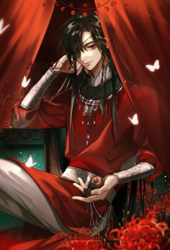 1boy belt bishounen black_hair blacrist blurry blurry_foreground braid bug butterfly chinese_clothes chinese_commentary curtains dice earrings eyepatch flower gem glowing_butterfly hand_on_own_face hanfu highres holding holding_dice hua_cheng insect jewelry long_hair long_sleeves looking_at_viewer male_focus necklace one_eye_covered red_eyes red_flower red_gemstone red_hanfu red_theme sample_watermark silver_belt silver_necklace single_braid sitting smile solo spider_lily tianguan_cifu very_long_hair watermark white_butterfly yuanlingpao