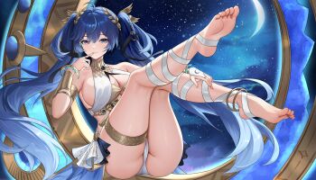 1girl ahoge alternate_breast_size_(larger) ancient_greek_clothes anklet armlet bare_shoulders barefoot black_skirt blue_eyes blue_hair breasts cleavage closed_mouth feet feet_up finger_to_mouth full_body gold_bra gradient_hair greco-roman_clothes hair_belt hair_ornament hand_up highres iuno_(wuthering_waves) jewelry kneepits large_breasts laurel_crown leg_focus leg_wrap light_blush long_hair looking_at_viewer lopy miniskirt multicolored_hair night night_sky outdoors second-party_source showgirl_skirt sideboob sitting skirt sky smile soles solo star_(sky) starry_sky streaked_hair thighlet thighs toenails toes twintails very_long_hair wuthering_waves