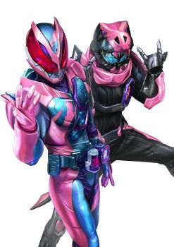 2boys armor belt black_armor black_tail blue_eyes compound_eyes demon_boy demon_tail rider_belt flat_color gloves glowing glowing_eyes highres kamen_rider kamen_rider_revi kamen_rider_revice kamen_rider_vice looking_at_viewer male_focus masukudo_(hamamoto_hikaru) multiple_boys open_hand red_eyes revice_driver rex_genome rider_belt sharp_teeth smile smoke tail teeth thighs tokusatsu vistamp white_background