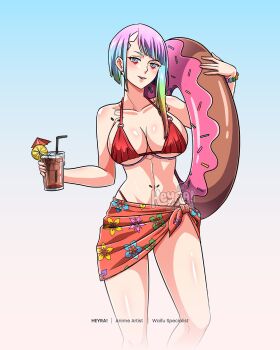1girl alternate_breast_size_(larger) artist_name bikini blonde_hair blue_eyes blue_hair breasts cocktail_umbrella commentary commission cup cyberpunk:_edgerunners cyberpunk_(series) english_commentary facial_mark food fruit glass gradient_hair green_eyes green_hair heyreza.art highres holding holding_cup holding_swim_ring innertube large_breasts lemon lemon_slice lucy_(cyberpunk) multicolored_eyes multicolored_hair pink_eyes pink_hair rainbow_hair red_bikini red_hair red_skirt short_hair_with_long_locks side-tie_skirt skirt solo swim_ring swimsuit underboob