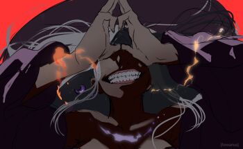 1girl absurdres commentary elden_ring elden_ring_nightreign energy english_commentary foxxarius grin highres long_hair malevolent_shrine_(jujutsu_kaisen) mudra parody recluse_(elden_ring) red_background smile solo upper_body white_hair witch