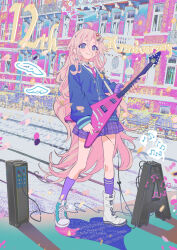 Rule 34 | 1girl, andedalive, anniversary, blue eyes, collared shirt, electric guitar, full body, guitar, hair between eyes, hair ornament, highres, holding, holding instrument, ia (vocaloid), instrument, jacket, kneehighs, long hair, looking at viewer, necktie, pink hair, plaid, plaid skirt, school uniform, shirt, shoes, skirt, smile, socks, solo, standing