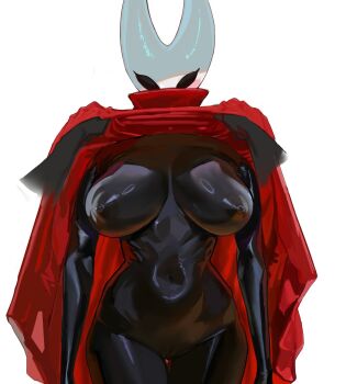 Rule 34 | 1girl, black bodysuit, black skin, bodysuit, cameltoe, cloak, cloak lift, colored skin, covered erect nipples, highres, hintobento, hollow eyes, hollow knight, hollow knight: silksong, horned mask, hornet (hollow knight), lifting own clothes, mask, red cloak, simple background, skin tight, solo, white background, white mask