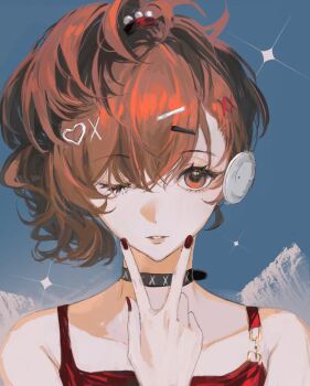 1girl bare_shoulders black_choker blue_background choker collarbone commentary hair_between_eyes hair_ornament hairclip hand_up hashtag-only_commentary heart heart_hair_ornament highres kun594729981 looking_at_viewer nail_polish one_eye_closed parted_lips persona persona_3 persona_3_portable portrait red_eyes red_hair red_nails red_shirt shiomi_kotone shirt single_earphone sleeveless sleeveless_shirt solo spaghetti_strap straight-on v v_over_mouth