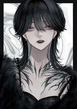 1girl black_border black_hair black_lips border breasts chest_tattoo cleavage earrings eyelashes face_piercing fur_trim grey_eyes highres itsuki_illust jewelry lip_piercing lip_ring looking_at_viewer mole mole_under_eye mole_under_mouth multiple_moles piercing short_hair tattoo
