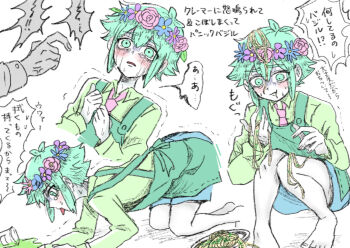 Rule 34 | 1boy, 1other, all fours, alternate costume, anger vein, antenna hair, apron, barefoot, basil (headspace) (omori), basil (omori), blush, closed mouth, collared shirt, commentary request, crying, crying with eyes open, double-parted bangs, flower, flower wreath, food, germany omori, green apron, green eyes, green hair, green shirt, hair between eyes, head wreath, highres, long sleeves, necktie, omori, parted lips, pasta, plate, red necktie, shirt, short hair, sidelocks, simple background, spaghetti, speech bubble, squatting, sweat, tears, tongue, tongue out, translation request, white background