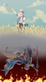 2boys akaguchi_35 ancient_greek_clothes antenna_hair arm_up armlet armor black_gloves black_pants blue_cape blue_eyes blue_shirt blue_sky cape clenched_hand closed_mouth cloud cloudy_sky dawnmaker_(honkai:_star_rail) day dual_persona fingerless_gloves fire floating_cape floating_clothes gloves greco-roman_clothes grey_hair grey_pants hair_between_eyes highres himation holding holding_sword holding_weapon honkai:_star_rail honkai_(series) jacket jewelry long_sleeves looking_at_object looking_to_the_side male_focus multiple_boys official_alternate_costume outdoors pants paper phainon_(a_dream_scented_in_wheat)_(honkai:_star_rail) phainon_(honkai:_star_rail) puffy_long_sleeves puffy_sleeves shirt short_hair short_sleeves shoulder_armor single_glove sky smile standing sword two-sided_cape two-sided_fabric upside-down weapon weeds white_jacket yellow_cape