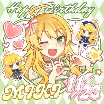 1girl :d ahoge birthday blonde_hair blush character_name chibi chibi_inset chiwawa174 dated green_eyes happy_birthday hashtag-only_commentary heart heart_hands highres hoshii_miki idolmaster idolmaster_(classic) long_hair looking_at_viewer one_eye_closed open_mouth outline smile solo_focus star_(symbol) white_outline
