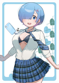 1girl black_bra blue_eyes blue_hair blue_necktie blue_skirt blunt_bangs blush bra breasts cellphone cellphone_charm character_charm charm_(object) collared_shirt commentary_request cowboy_shot dress_shirt hair_ornament hair_over_one_eye heart highres inset_border large_breasts looking_at_viewer loose_necktie mashiroshiro natsuki_subaru necktie one_eye_covered open_mouth outstretched_arms partially_unbuttoned phone plaid_clothes plaid_necktie plaid_skirt pleated_skirt re:zero_kara_hajimeru_isekai_seikatsu rem_(re:zero) school_uniform shirt short_hair skirt sleeves_rolled_up smartphone smile solo standing underwear white_shirt x_hair_ornament