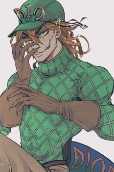 Rule 34 | 1boy, blonde hair, brown gloves, brown pants, commentary request, cracked skin, diego brando, dinosaur tail, glasgow smile, gloves, green eyes, green hat, green sweater, hat, highres, jojo no kimyou na bouken, male focus, medium hair, mutsuki (mutuki05), pants, scary monsters (stand), smile, solo, sparkle, steel ball run, sweater, tail, turtleneck, turtleneck sweater