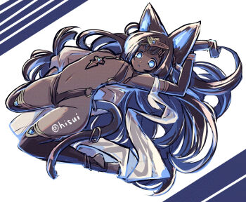 Rule 34 | 1girl, animal ears, arched back, armpits, black hair, black thighhighs, blue eyes, cat ears, cat girl, cat tail, commentary request, dark-skinned female, dark skin, expressionless, eyebrows hidden by hair, flat chest, flexible, full body, hisui (syarute), kneeling, long hair, looking at viewer, navel, open mouth, original, solo, stomach, tail, thighhighs, very long hair