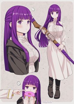 ... 2girls artist_name black_coat blunt_bangs blunt_ends border breasts cheek_poking closed_mouth coat commentary_request dated donut dress expressionless fern_(sousou_no_frieren) food frieren half_updo highres hogerarara holding holding_donut holding_food holding_staff large_breasts light_blush long_hair looking_at_viewer mage_staff multiple_girls multiple_views open_clothes open_coat out_of_frame outside_border pink_background poking pout puff_of_air purple_eyes purple_hair sousou_no_frieren spoken_ellipsis staff twitter_username white_border white_dress