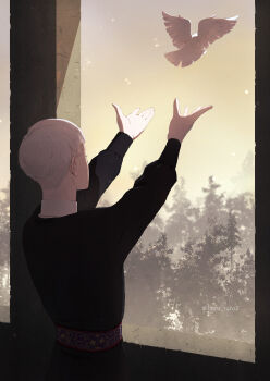 1boy absurdres bird commentary_request dove from_behind grey_sky highres light_particles long_sleeves male_focus outstretched_arms rollo_flamme roro_(haru_roro2) short_hair sky solo twisted_wonderland white_bird